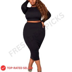 Plus Size Two Piece Outfit Midi Dress Set Polyester Stretchy Casual